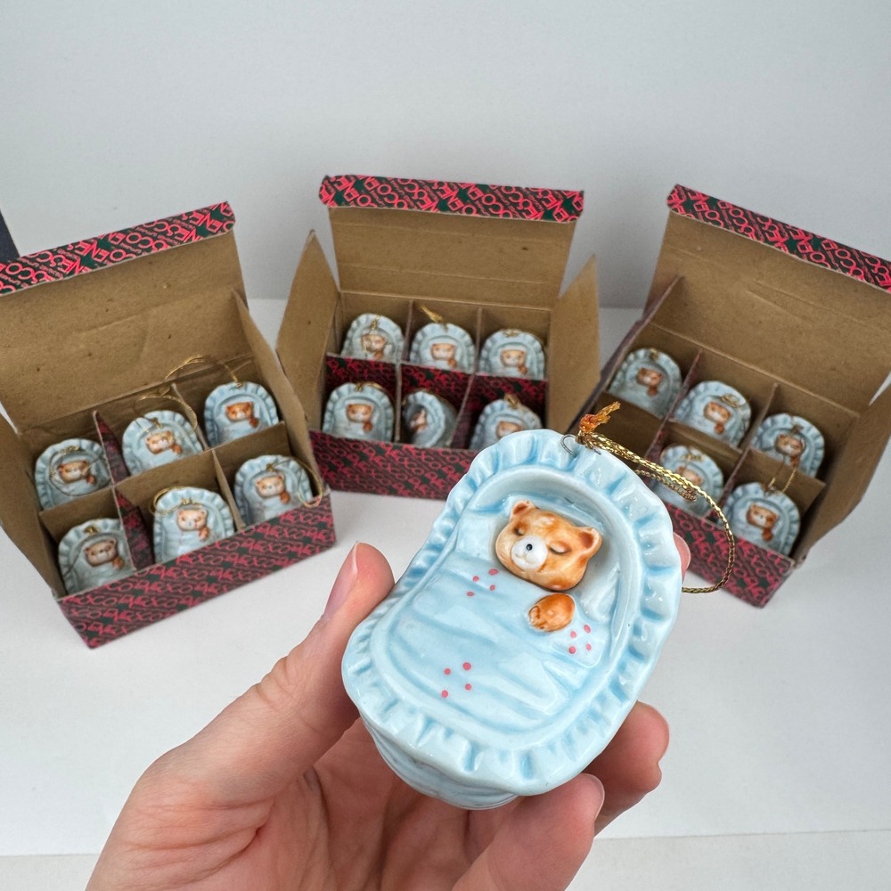Vtg 1988 18 Enesco Teddy Bear Blue Bassinet Boy Baby Shower Gift Ornament READ